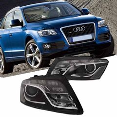 Μπροστινά Φανάρια Set Για Audi Q5 8R 08-12 TRU DRL Μαύρα H7 Με Μοτέρ Depo