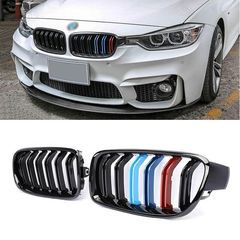 Καρδιές Μάσκας Για Bmw 3 F30  F31 11-18 M4 Look Με Διπλή Γρίλια Tri-Color Μαύρο Γυαλιστερό 2 Τεμάχια