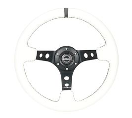 Reinforced Steering Wheel - 350mm Sport Steering Wheel (3" Deep) - Black Spoke w/ Round holes / White Leather / White Stripes