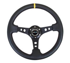 Reinforced Steering Wheel - 350mm Sport Steering Wheel (3" Deep) - Black Spoke w/ Round holes / Black Leather / Yellow Stripes