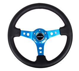 Reinforced Steering Wheel - 350mm Sport Steering Wheel (3" Deep) - Blue Spoke w/ Round holes / Black Leather