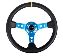 Reinforced Steering Wheel - 350mm Sport Steering Wheel (3" Deep) - Blue Spoke w/ Round holes / Black Leather and Yellow center stripe