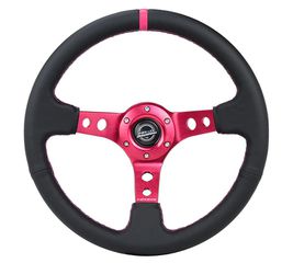 Reinforced Steering Wheel - 350MM Sport Steering Wheel (3" Deep) - Black Leather Fushia center mark with Fushia stitching.Fushia Center spoke