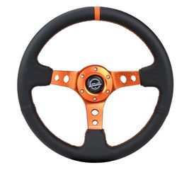 Reinforced Steering Wheel - 350MM Sport Steering Wheel (3" Deep) - Black Leather Orange center mark with Orange stitching and Orange Center spoke