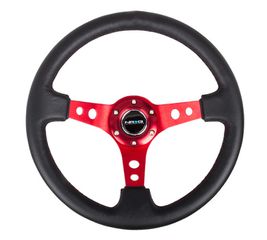 Reinforced Steering Wheel - 350mm Sport Steering Wheel (3" Deep) - Red Spoke w/ Round holes / Black Leather