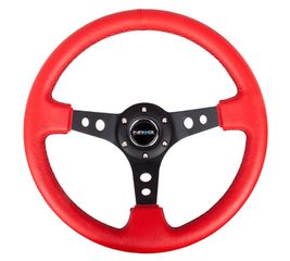 Reinforced Steering Wheel - 350mm Sport Steering Wheel (3" Deep) - Black Spoke w/ Round holes / Red Leather / Black Stitch