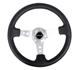 Reinforced Steering Wheel - 350mm Sport Steering Wheel (3" Deep) - SILVER Spoke w/ Round holes / Black Leather