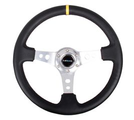Reinforced Steering Wheel - 350mm Sport Steering Wheel (3" Deep) - SILVER Spoke w/ Round holes / Black Leather / Yellow Center Mark