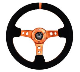 Reinforced Steering Wheel - 350MM Sport Steering Wheel (3" Deep) - Black Suede Orange center mark with Orange stitching and Orange Center spoke