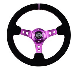Reinforced Steering Wheel - 350MM Sport Steering Wheel (3" Deep) - Black Suede, Purple center mark with purple stitching