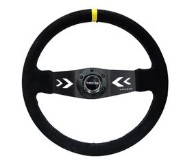Reinforced Steering Wheel NRG Arrow cut out two spoke 350mm Sport Stereing Wheel Suede (3" Deep) Black Suede, yellow Center Marking,