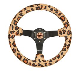 Reinforced Steering Wheel - 350mm sport steering wheel (3' deep) Savage Brown Leopard Printed Micro Fiber Vegan Material with Matte Black spoke