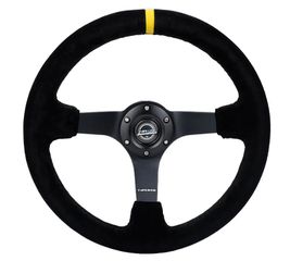 Reinforced Steering Wheel - 3" Deep, 5mm matte black spoke, 350mm Sport Steering Wheel Black suede w/ Black criss cross stitching and Yellow Center Mark