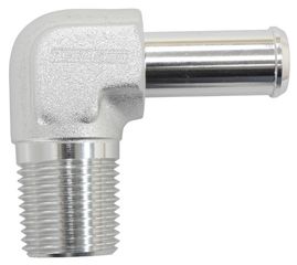 Male NPT to 90 Deg AN Hose Barb - 1/2" NPT to -10 100/450 series Hose, Silver Finish