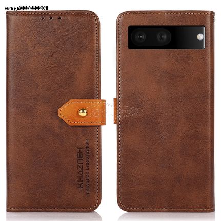 Θήκη Google Pixel 7 5G KHAZNEH Leather Wallet Golden Clasp με βάση στήριξης, υποδοχές καρτών και μαγνητικό κούμπωμα καφέ