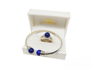 Σετ ασημένιο 925  Βραχιόλι χειροπέδα και δαχτυλίδι με μπλε lapis lazuli πέτρες A9456 ΤΙΜΗ 75 ΕΥΡΩ