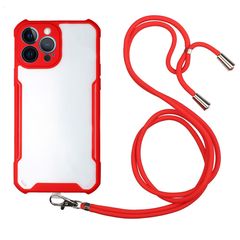 Θήκη iPhone 13 Pro OEM Hybrid Sockproof Transparent πλάτη με κορδόνι από αντικραδασμικό TPU με κόκκινο πλαίσιο