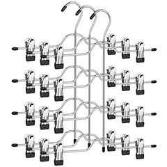 SONGMICS Trouser Skirt Hangers with Clips, Set of 3 Space Saving 4-Tier Metal Pant Hangers, with 8 Adjustable Non Slip Clips, for Slacks, Jeans, Towels, Shorts, 32 cm, Silver and Black CRI042BK  SONGM