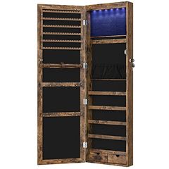 SONGMICS Jewellery Cabinet Armoire, Lockable Wall-Mounted Storage Organiser Unit for Necklace Earring, with Mirror and Various Compartments, Rustic Brown JJC93CB  SONGMICS