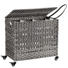 SONGMICS Handwoven Laundry Basket with Lid, Rattan-Style Laundry Hamper with 3 Separate Compartments, Handles, Removable Liner Bags, for Living Room, Bathroom, Laundry Room, Grey LCB083G02  SONGMICS