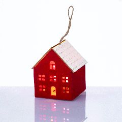 Στολίδι ξύλινο σπιτάκι κόκκινο χρώμα με εσωτερικό φωτισμό led θερμό μπαταρίες 3xAG10