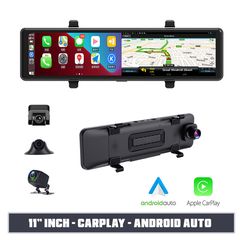 Καθρέφτης αυτοκινήτου με  ασύρματο Apple CarPlay και Android Auto, οθόνη αφής 11" ιντσών, Bluetooth και δύο κάμερες (Google Maps Youtube DVR wireless camera οπισθοπορείας microSD καταγραφικό σύστ