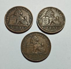 ΒΕΛΓΙΟ 3 Χάλκινα Νομίσματα  2 CENTS - Centimes Έτη : 1902, 1909, 1919