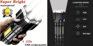 Αδιάβροχος Επαναφορτιζόμενος Φακός LED μεγάλης εμβέλειας. Ένας ισχυρός και ελαφρύς φακός με 4 Ισχυρά LED τεσσάρων Λειτουργιών