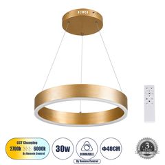 GloboStar® VENOM 61175 Κρεμαστό Φωτιστικό Δαχτυλίδι-Κύκλος LED CCT 30W 3513lm 120° AC 220-240V - Εναλλαγή Φωτισμού μέσω Τηλεχειριστηρίου All In One Ψυχρό 6000K+Φυσικό 4500K+Θερμό 2700K Dimmable Φ40cm
