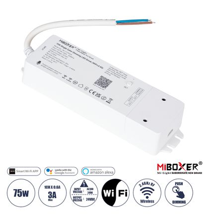 GloboStar® 71437 WL1-P75V24 Mi-BOXER DC Smart Wifi & RF 2.4Ghz & Push Dimming Power Supply Τροφοδοτικό SELV & Controller / Dimmer All in One AC100-240V σε DC 24V 1 x 3A 75W - Max 3A 75W - IP20 Μ19 x Π