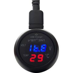 Βολτόμετρο, Θερμόμετρο Και Φορτιστής Αυτοκινήτου Με USB Μαύρο Με Κόκκινα Και Μπλε Νούμερα 1Τμχ - 99103