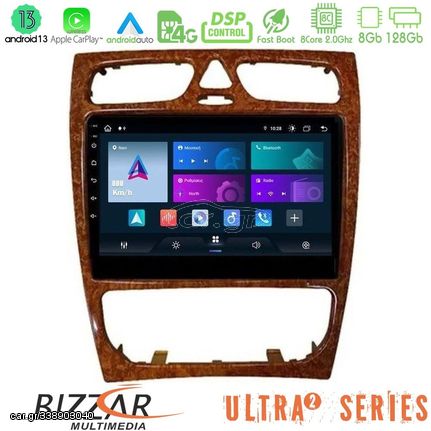 Bizzar Ultra Series Mercedes C Class (W203) 8core Android13 8+128GB Navigation Multimedia 9" (Wooden Style)