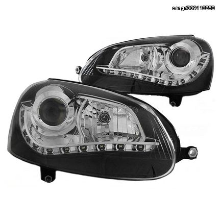 Μπροστινά Φανάρια Set Για Vw Golf V (5) 03-08 DRL Μαύρα H7 Με Μοτέρ Depo