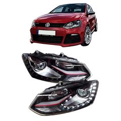 Μπροστινά Φανάρια Set Για Vw Polo 6R/ 6C 09-17 DRL GTI R-Look Μαύρα Με Κόκκινη Γραμμή H7/H7 Με Μοτέρ