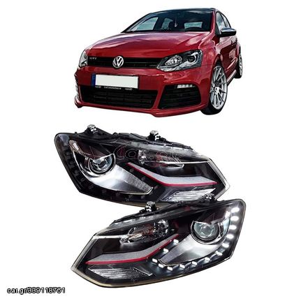 Μπροστινά Φανάρια Set Για Vw Polo 6R/ 6C 09-17 DRL GTI R-Look Μαύρα Με Κόκκινη Γραμμή H7/H7 Με Μοτέρ