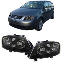 Μπροστινά Φανάρια Set Για Vw Touran / Caddy 03-06 Μαύρα H7/H7 Με Μοτέρ Depo