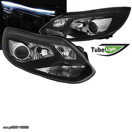 Μπροστινά Φανάρια Set Για Ford Focus 11-14 DRL Tube Lights Μαύρα H1/H7 Με Μοτέρ Depo