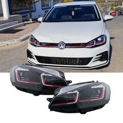 Μπροστινά Φανάρια Set Για Vw Golf 7.5 17-19 Facelift DRL & Dynamic Signal Μαύρα Με Κόκκινη Γραμμή GTI Look H7 Με Μοτέρ