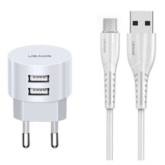 USAMS φορτιστής τοίχου T20 & καλώδιο Micro USB 1m με 2 USB θύρες εξόδου με μέγιστη απόδοση 2.1A σε λευκό χρώμα
