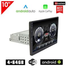 KIROSIWA Android οθόνη αυτοκινήτου αφής 10" ιντσών 1-DIN 4GB+64GB με GPS (Youtube Spotify Apple CarPlay Android Auto WI-FI Playstore USB οκταπύρηνη 1 DIN MP3 MP5 Bluetooth Mirrorlink 1DIN Universal 4x