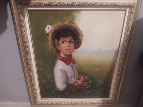 Πίνακας "κορίτσι με λουλούδια" με σκαλιστή κορνίζα