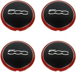 Τάπα Κέντρου Ζάντας Fiat 500 / Χρώμα Μαύρο με Κόκκινο δαχτυλίδι - Ασημί Γράμματα /  Διάμετρο 133mm / Set 4 Τεμάχια