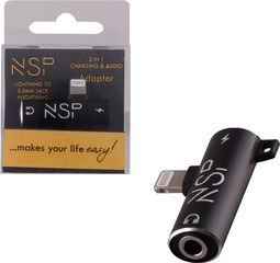 NSP Adaptor 2 In 1 Charging And Audio Adapter Lightning To 3.5MM JACK+Lightning BLACK