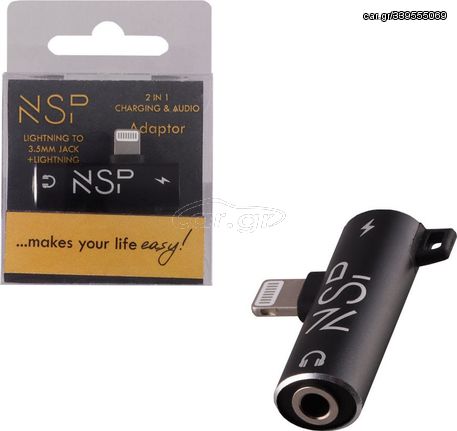 NSP Adaptor 2 In 1 Charging And Audio Adapter Lightning To 3.5MM JACK+Lightning BLACK