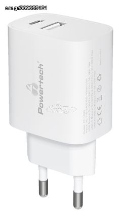 POWERTECH φορτιστής τοίχου PT-1040, USB & USB-C, PD QC3.0, 20W, λευκός