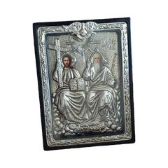 Εικόνα Αγίας Τριάδας 24×17 σε μαύρο δέρμα ξύλινη
