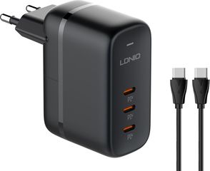 Ldnio φορτιστής τοίχου Q367 με καλώδιο USB-C, 3x USB-C, 65W, GaN, μαύρος