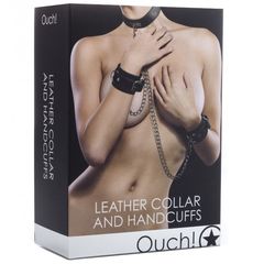 OUCH - Leather Collar and Handcuffs - Black