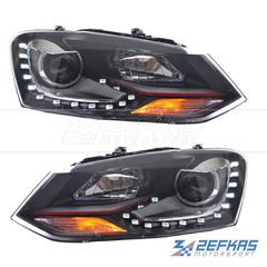 Φανάρια εμπρός VW Polo 6R/6C (2009-2017) look GTI LED, με κόκκινη λωρίδα