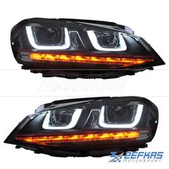 Φανάρια εμπρός VW Golf 7 (2012-2017) U-LED με LED Dynamic φλας, με κόκκινη λωρίδα